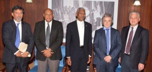 From left: Repsol’s Country Manager, Giancarlo Ariza; Minister of Natural Resources, Raphael Trotman; President David Granger; Repsol’s Latin America Exploration Director, Mikel Erquiaga and Exploration Manager of the Atlantic Basins, Allan Kean, at the Ministry of the Presidency yesterday.