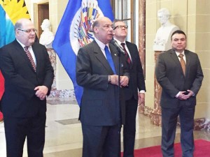 From left: Venezuela Ambassador Bernardo Alvarez Herrera, Sir Ronald Sanders, Secretary-General Luis Almargo Lemes, and Assistant Secretary-General Nestor Mendez.