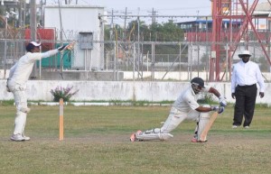 Anthony D’Andrade plays of perfect forward defensive shot during his half-century at MSC yesterday. 