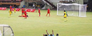 Gregory Richardson nets Guyana’s opening goal against Suriname in the 17th minute.