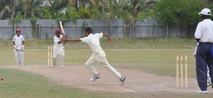 Himnauth Dindyal off-drives during his fifty for East Coast at Enterprise yesterday.