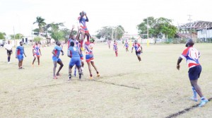  Pepsi Hornets win the ball from a throw-in during their demolition of the Police Falcons on Saturday at the National Park.