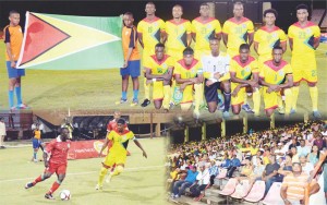 In this composite the victorious Guyana team flies the Golden Arrowhead while (right below) fans watch the part of the action last evening at the Providence Stadium where Guyana beat Suriname 2-0.