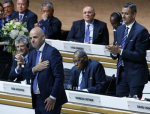 Newly elected FIFA President Gianni Infantino acknowledges applause during the Extraordinary Congress in Zurich, Switzerland February 26, 2016. (Reuters/Ruben Sprich)