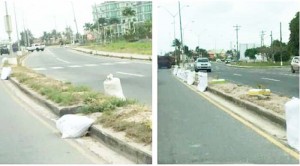 Last week, these bags of sand were obtained along the East Bank Demerara thoroughfare. The sand was supposedly spewed from uncovered truck trays.