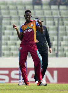 Shamar Springer celebrates a wicket with his signature dance moves, Bangladesh Under-19s v West Indies Under-19s, Under-19 World Cup, semi-final, Dhaka, February 11, 2016 ©Getty Images