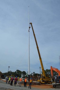  The 200-foot flag pole being erected.