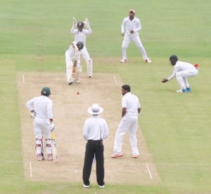 Vishaul Singh is tight in defence against T&T Red Force during his unbeaten 88.