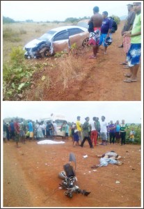 (Above) The car that was involved in the accident  (Below) Onlookers at the scene of the accident with the two bodies on the road along with the motorcycle.