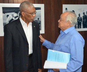 President David Granger and Sir Shridath Ramphal share a light moment, during Thursday’s meeting. 