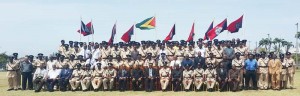 President David Granger, Prime Minster Moses Nagamootoo, Minister of Public Security Khemraj Ramjattan, Commissioner of Police Seelall Persaud, the Divisional Commanders and other senior officers of the Guyana Police Force, pose for the official photograph at the Annual Police Officers’ Conference, Eve Leary yesterday. 