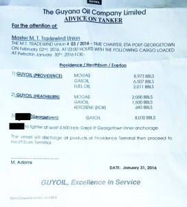 A GuyOil document showing a recent shipment of oil from Trinidad and Tobago. On the ship was diesel destined for a local importer. GuyOil paid for the entire trip.