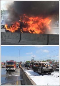 (Above) The minibus ablaze (Below)The East Bank thoroughfare soon after the minibus fire was extinguished.