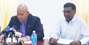 Minister of Public Health, Dr. George Norton and the Chief Medical Officer, Dr. Shamdeo Persaud at the press conference yesterday. 