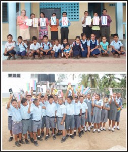 (Above): St Nicholas Primary: Teachers of St. Nicholas Primary School with a Thank You sign for the donors (Below) Santa Rosa: Students of Santa Rosa Secondary School holding up items received from The Guyana Foundation. 