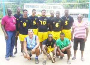 The winning PMTC 1 team poses with their silverware along with Toshao David Henry (stooping left), President Nevi Nedd (standing left) and Assistant Organiser Kishan Persaud (standing right). 