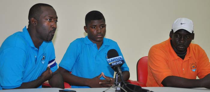 Anguilla National Team Captain Kevin Hawley (left), 15 year-old Kenau Thompson and Manager Nigel Linton and last night’s post match Press conference. 