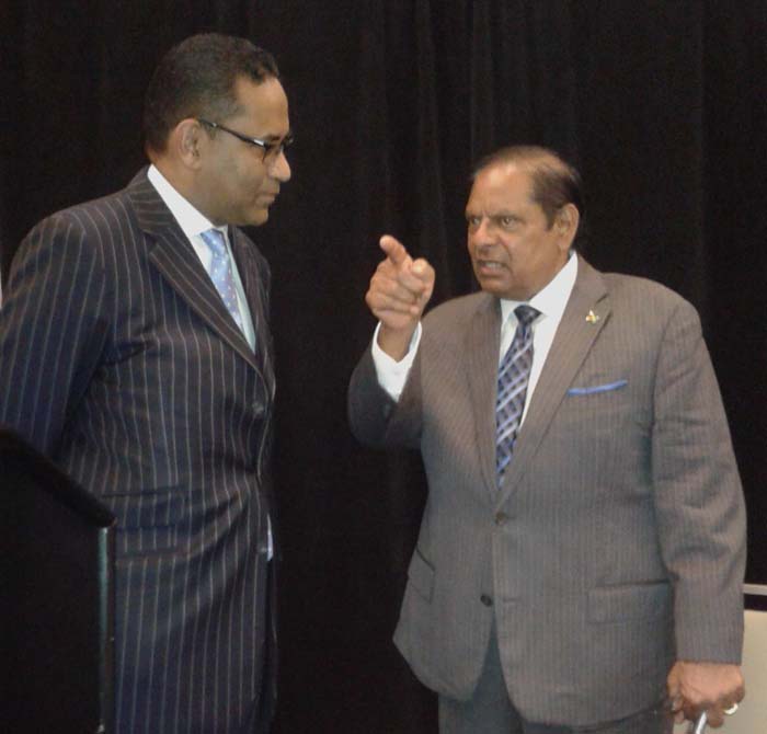 CPA Secretary General Akbar Khan (left) in conversation with Prime Minister Moses Nagamootoo 