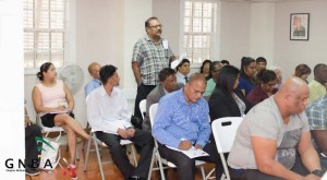 Anand Persaud, TV and radio station owner, making a point during the meeting with GNBA officials.