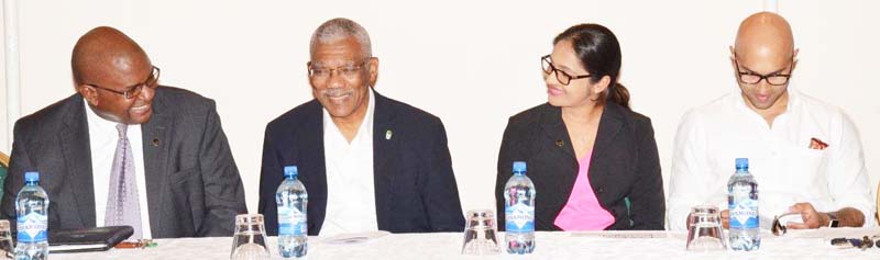 President David Granger (second from left) shares a light moment with from left, outgoing GCCI president, Mr. Lance Hinds, Junior Vice President, Ms. Padma Kunjbeharry and GCCI Secretary, Mr. Nicholas Boyer.