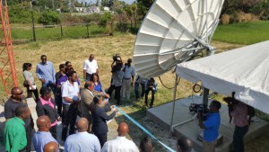 PM Moses Nagamootoo and NCN officials at the commissioning of the teleport facilities yesterday.