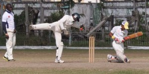 Sachin Persaud misses a big sweep on his way to a debut half century at Bourda yesterday.