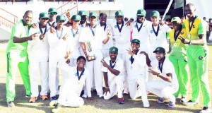 Two times champions Guyana Jaguars celebrate their success at Providence.