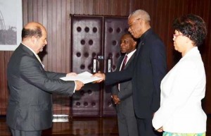 President David Granger receives the Letters of Credence from Ambassador Manuel De Jesus Teles Fazendeiro, in the presence of Vice President and Minister of Foreign Affairs, Mr. Carl Greenidge and Director General of the Ministry of Foreign Affairs, Ms. Audrey Waddell.