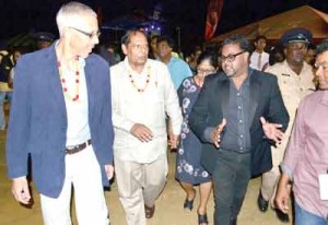 Prime Minister Moses Nagamootoo and Mrs Sita Nagamootoo along with Minister of Business Dominic Gaskin and President of the West Berbice Chamber of Industry and Commerce Imran Saccoor tour the booths at the Region 5 Expo and Trade Fair