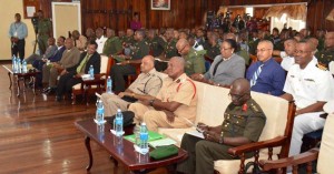 A section of the audience at the opening of the Guyana Defence Force’s Annual Officers’ Conference. In the first row, from left, are Ministers Carl Greenidge, Basil Williams, Joseph Harmon and Khemraj Ramjattan.