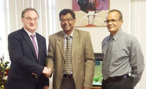 Russia Ambassador Nikolay Smirnov during his meeting with Public Security Minister Khemraj Ramjattan and Coordinator of the Task Force on Narcotic Drugs and Illicit Weapons, Major General (Retired) Michael Atherly. 