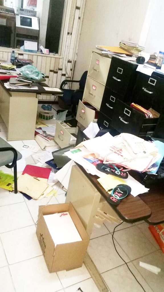 A section of the ransacked office after the ordeal. 