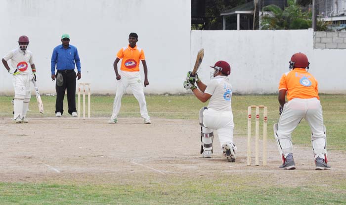 Andlueggu Rodrigues clubbers Sagar Hetheramani for six in an over which cost 17 runs at DCC yesterday.
