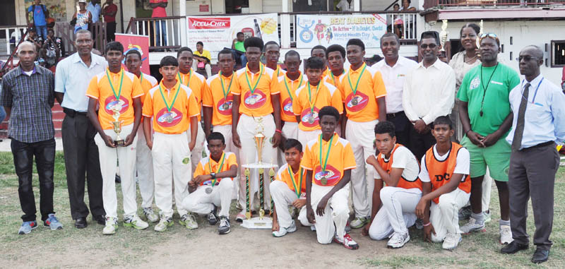 Champions DCC with the sponsors and GCA officials after they won the U-17 T20 title yesterday.