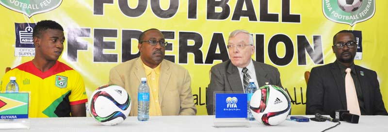 Canadian High Commissioner to Guyana Mr. Pierre Giroux (2nd right) shares yesterday’s press conference with, from right, GFF President Mr. Wayne Forde, Golden Jaguar Head Coach Jamaal Shabazz and Golden Jaguar Midfielder, Eon Alleyne.