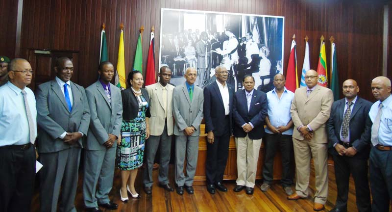 The new Mayors and Minister of Communities pose with the President and Prime Minister.  From left; Henry Smith, Carlton Beckles, Carwyn Holland, Patricia Chase-Green, Gifford Marshall, Minister of Communities Ronald Bulkan, President David Granger, Prime Minister Moses Nagamootoo, Vijay Ramoo, Kirt Wynter, Ganesh Gangadin and Rabindranauth Mohan.