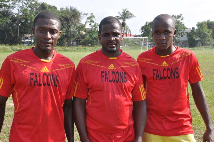 Soesdyke Falcons goal scorers from right, Collis Messiah, Troy Johnson and Marvin Joseph.