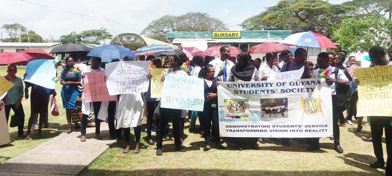 Scores of students protest for improved facilities and accreditation for the university’s medical school.