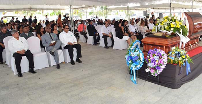 Prime Minister Moses Nagamootoo, Foreign Affairs Minister Carl Greenidge and Minister in the Ministry of Finance, Jaipaul Sharma among the attendees at the funeral service for the late former Chief Planning Officer of the Finance Ministry, Clyde Roopchand