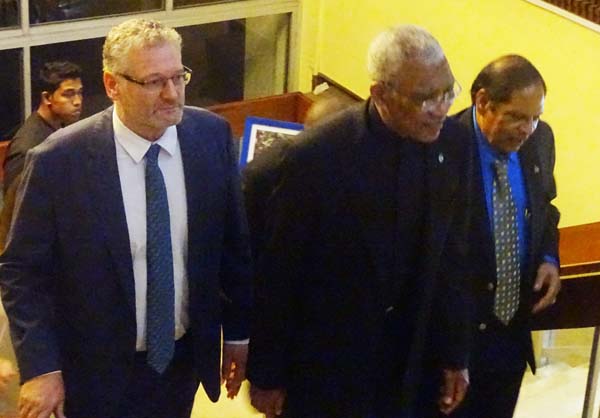 President David Granger accompanied by Prime Minister Moses Nagamootoo and the EU Ambassador Jernej Videtic at the “Europe Day” reception.