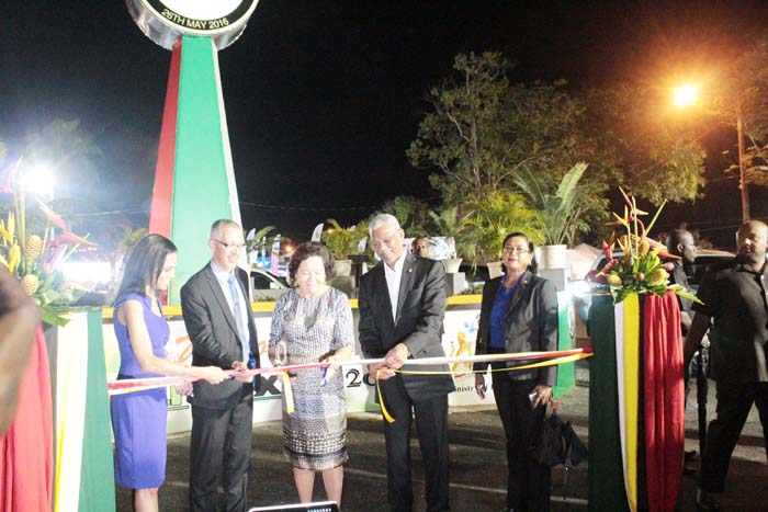  President David Granger, Business Minister Dominic Gaskin and GuyExpo officials flank First Lady Sandra Granger, as she cuts the ceremonial ribbon to officially open the event.