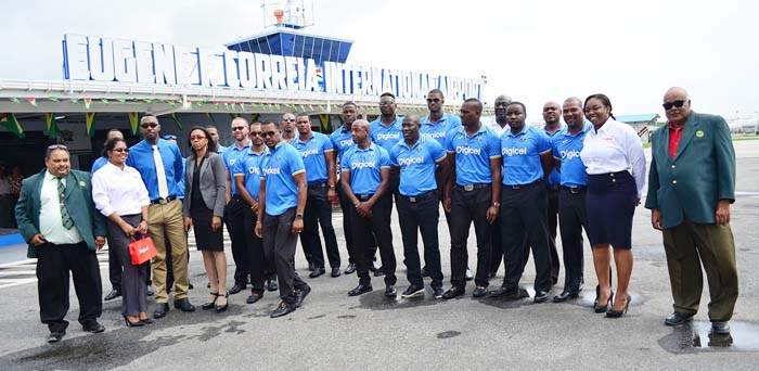 Members of the West Indies team with Director of Sport Christopher (4th from left), Digicel’s Jacqueline James (2nd from right), Vidya Sanichara (3rd from left), and GCB officials Drubahadur (left) and Fizul Bacchus (right).