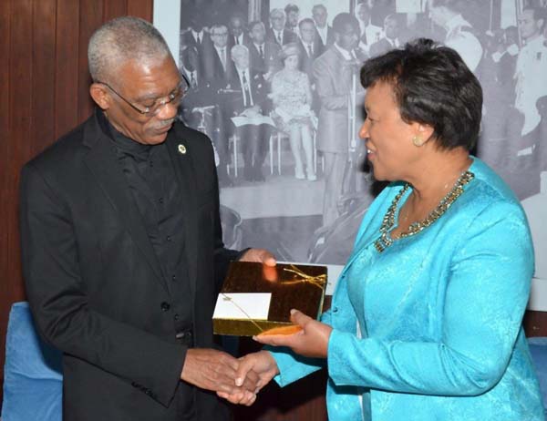 President David Granger meeting Commonwealth Secretary-General, Baroness Patricia Scotland yesterday.