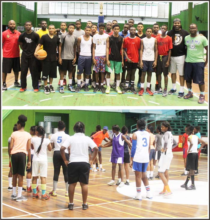 (Above) The 18 Shortlisted Boys’ U-16 team takes a photo opportunity with Coaches following a training session at the Cliff Anderson Sports Hall. (Below) The shortlisted National U-16 Girls’ Squad goes through their paces on Saturday with Coaches at the Cliff Anderson Sports Hall.