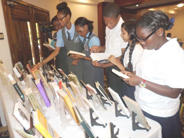 Students were intrigued by the collection of publications on display.