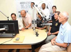 Prime Minister Moses Nagamootoo, Ministers Catherine Hughes, Ronald Bulkan and Sydney Allicock in studio at Radio Lethem during the first interview on Radio Lethem. 
