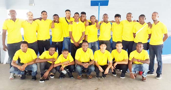 From Left: Standing: Barrington Browne (Physical Trainer), Robert Fernandes (Head Coach), Nyron Joseph, Andrew Stewart, Leon Bacchus, Shaquille Leung, Ato Greene, Keon McKenzie, Medroy Scotland (GK), Paramanand Dindial, Mark Sargeant (Cap), Aroydy Branford & Hubert Forrester (Manager).  Stooping: Kareem McKenzie, Omar Hopkinson, Meshach Sargeant, Daniel Hooper, Rosario Ramsammy, Michael Hing (GK) and Jael Gaskin. Absent from photo is Hilton Chester.