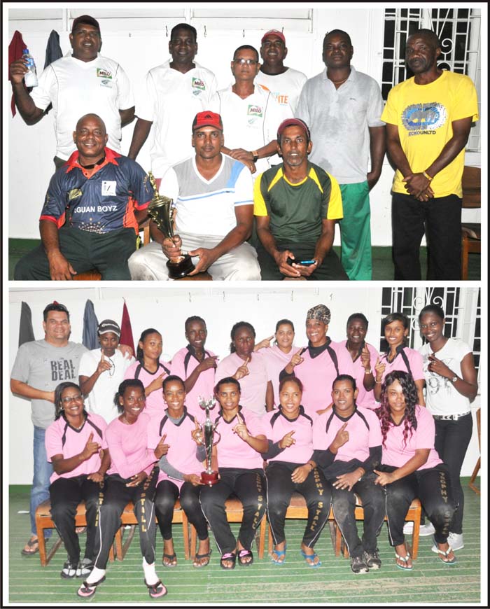 (Above) Members of the Parika Defenders side with their hardware. (Below) The victorious Trophy Stall Angels with GCC captain Graeme Ali standing left.