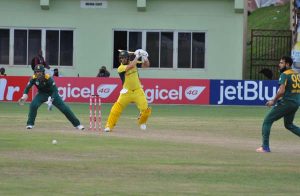 Aaron Finch plays off the back foot. (Zaheer Mohamed photo)