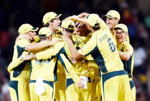 Australia celebrate their 58-run win, West Indies v Australia, tri-series final, Barbados ©AFP / Getty Images